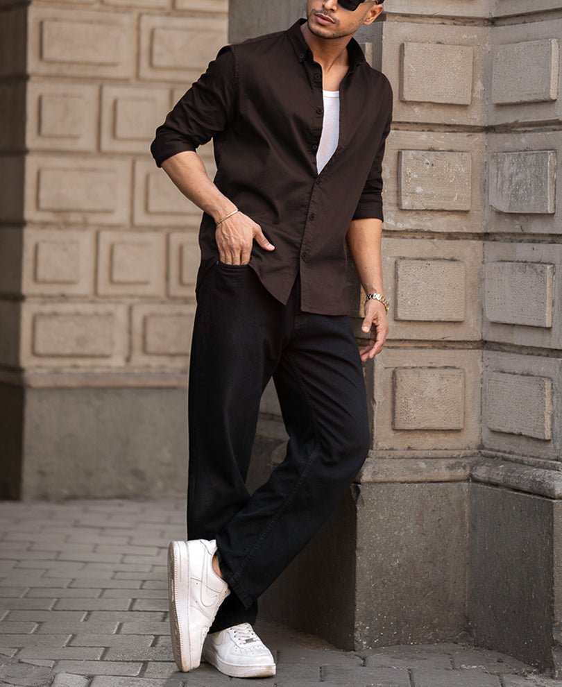 Basic Brown Regular Fit Full Sleeves Shirt