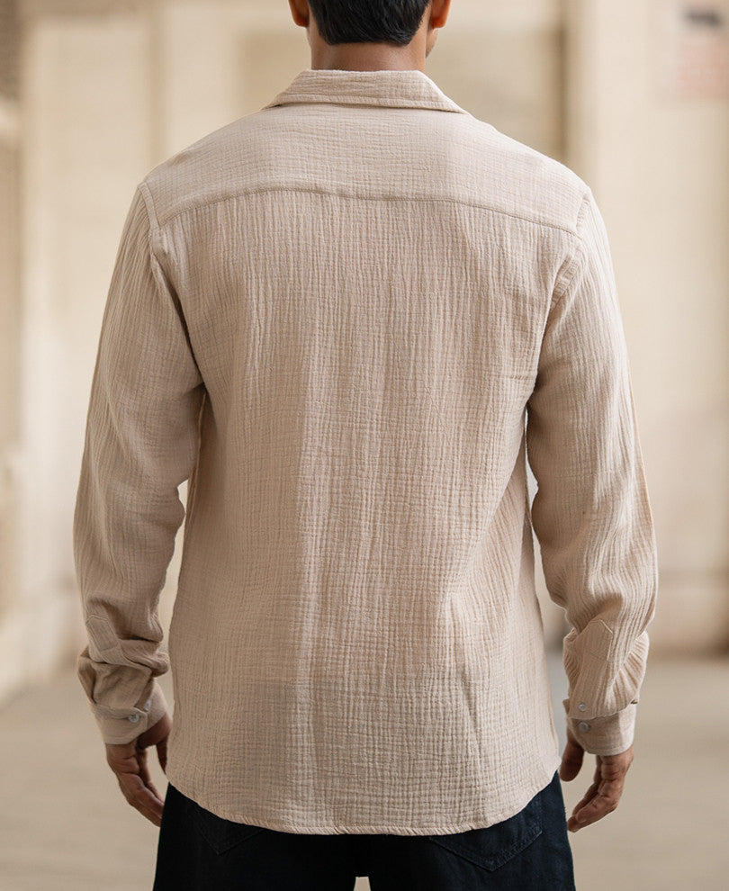 Beige Regular Fit Full Sleeves Plain Shirt