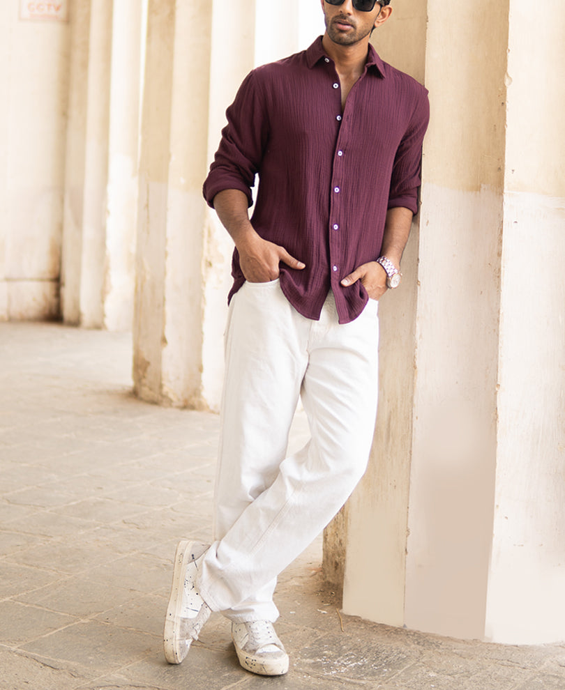 Wine Regular Fit Full Sleeves Structured Shirt