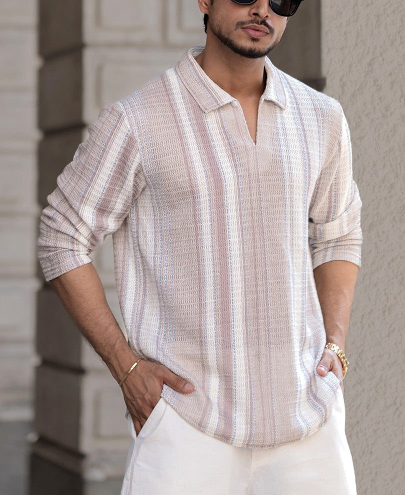 Beige Structured Regular Fit Full Sleeves T-Shirt