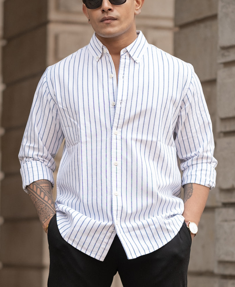 White And Blue Striped Regular Fit Shirt
