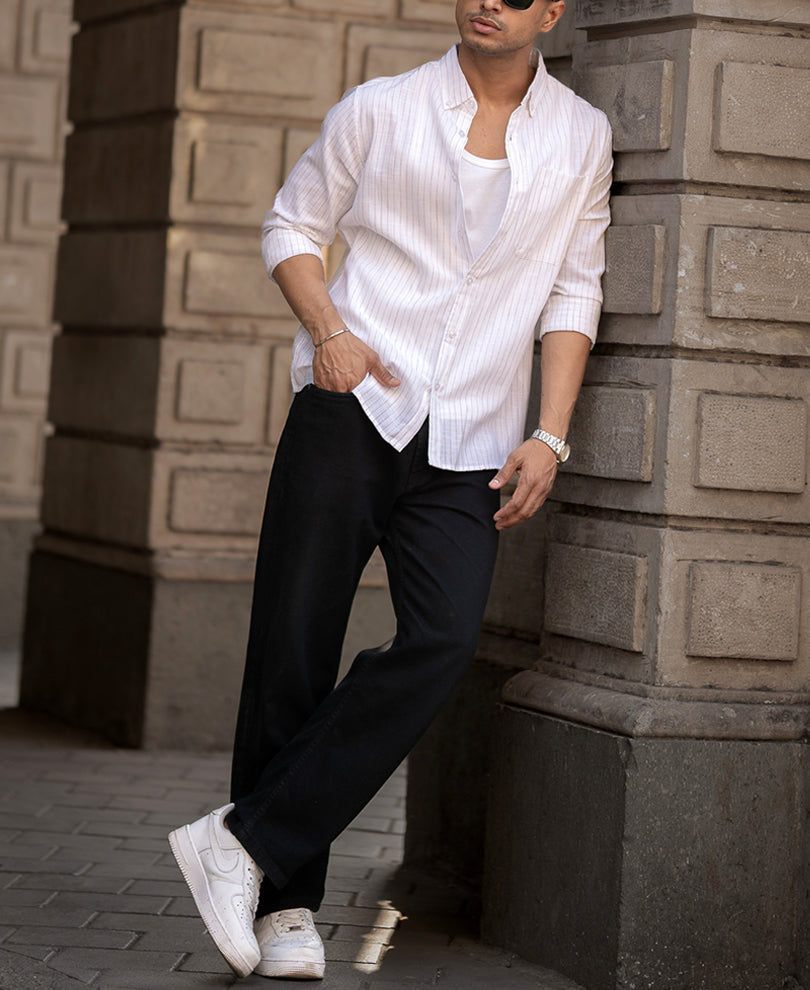 White And Beige Full Sleeves Regular Fit Shirt