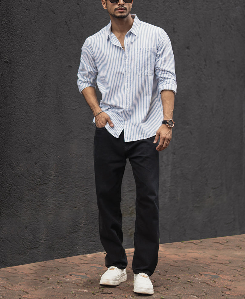 White And Sky Blue Stripes Regular Fit Full Sleeves Shirt
