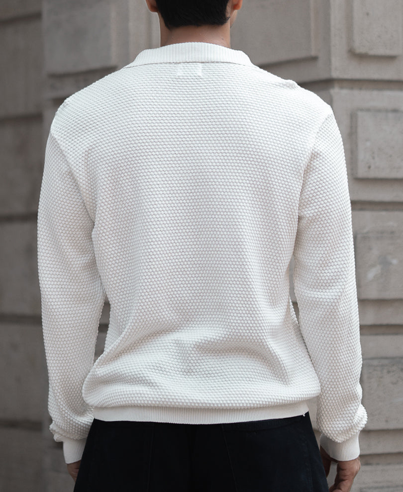 White Regular Fit Full Sleeves Collar T-Shirt