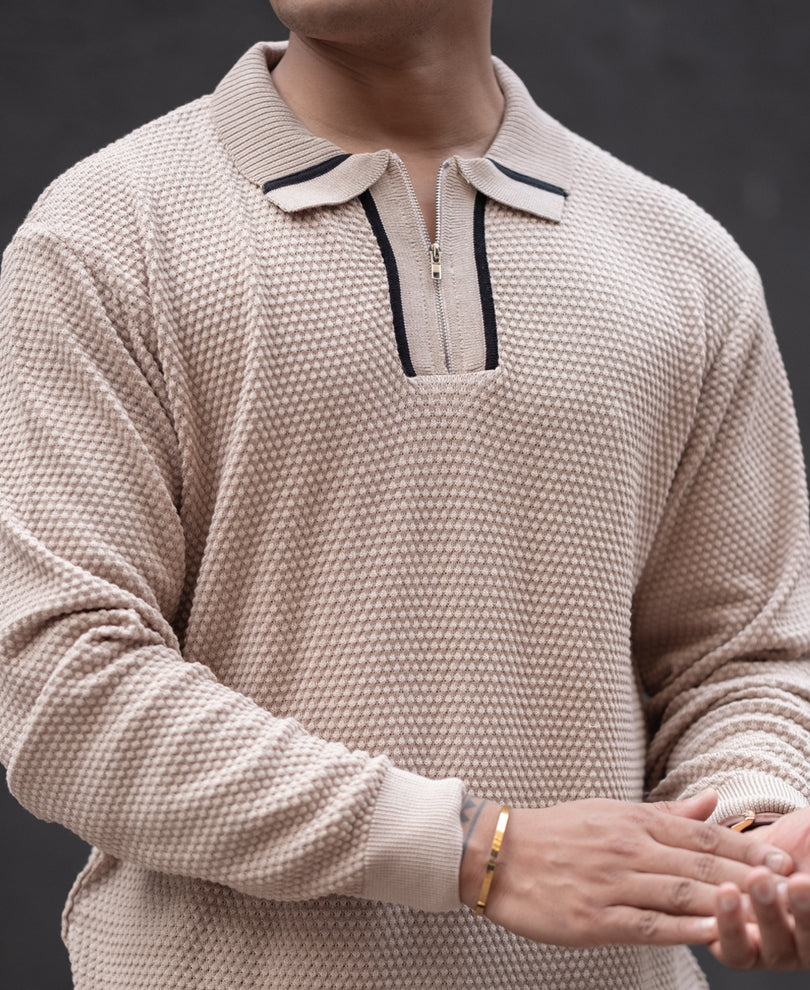 Beige Regular Fit Full Sleeves Polo T-Shirt