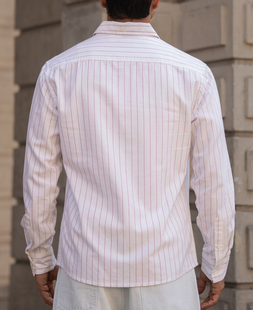 White And Maroon Striped Regular Fit Full Sleeves Shirt
