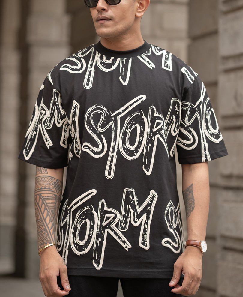 Black Storm Printed Oversized Half Sleeves T-Shirt