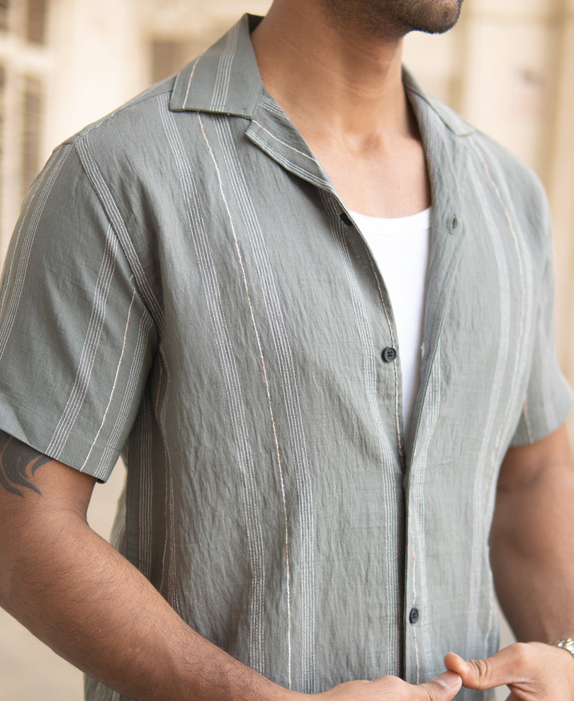 Green Micro Striped Flowy Shirt
