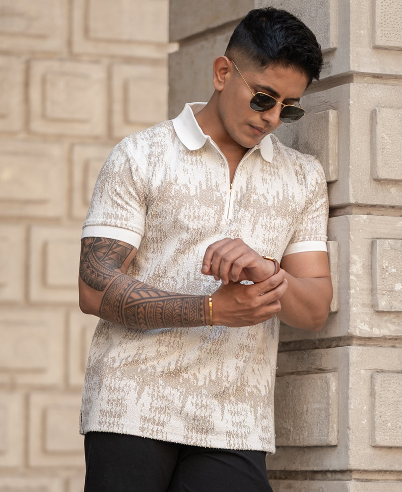 Beige Regular Fit Quarter Zip Polo T-Shirt