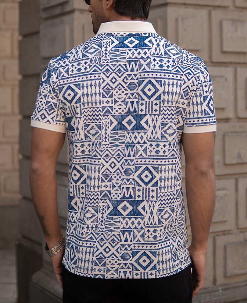 Blue Geometric Print Polo T-Shirt