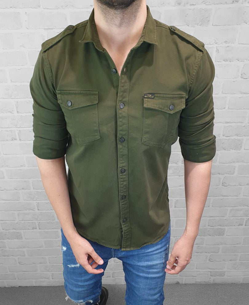 Olive Green Plain Denim Shirt