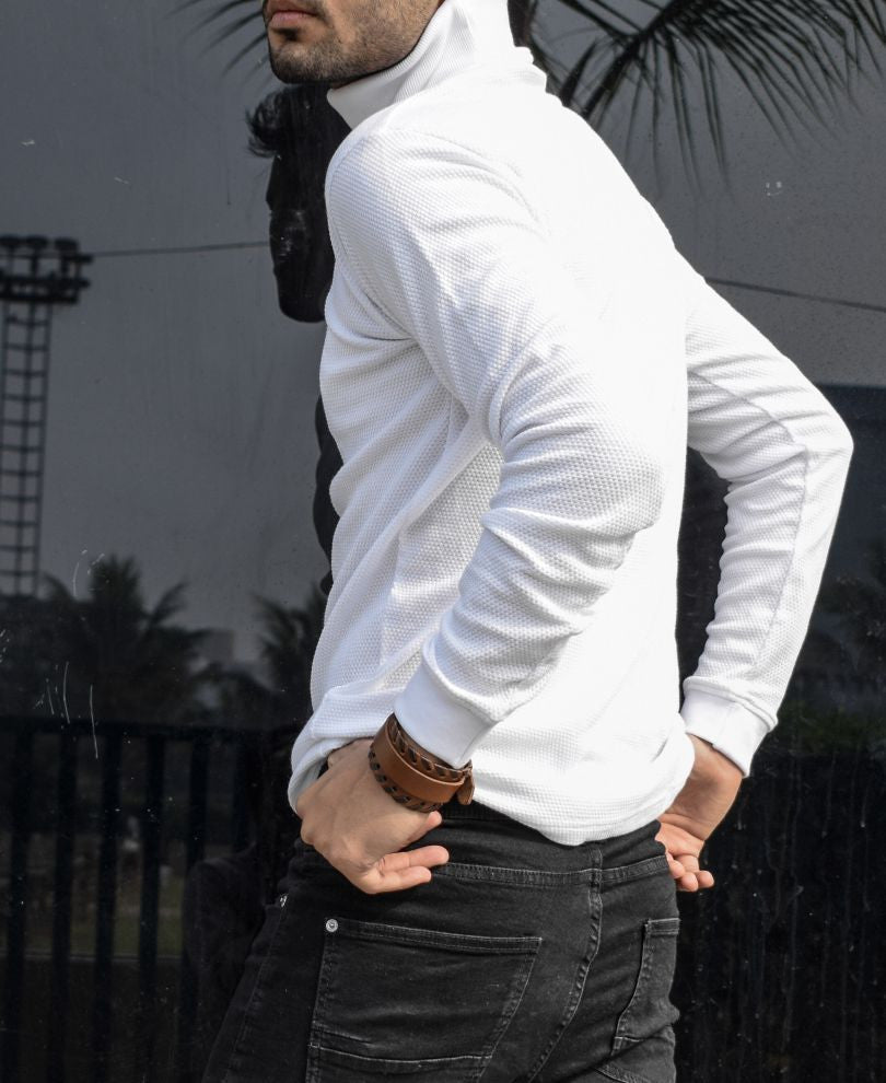 White Polo Neck Full Sleeves T Shirt
