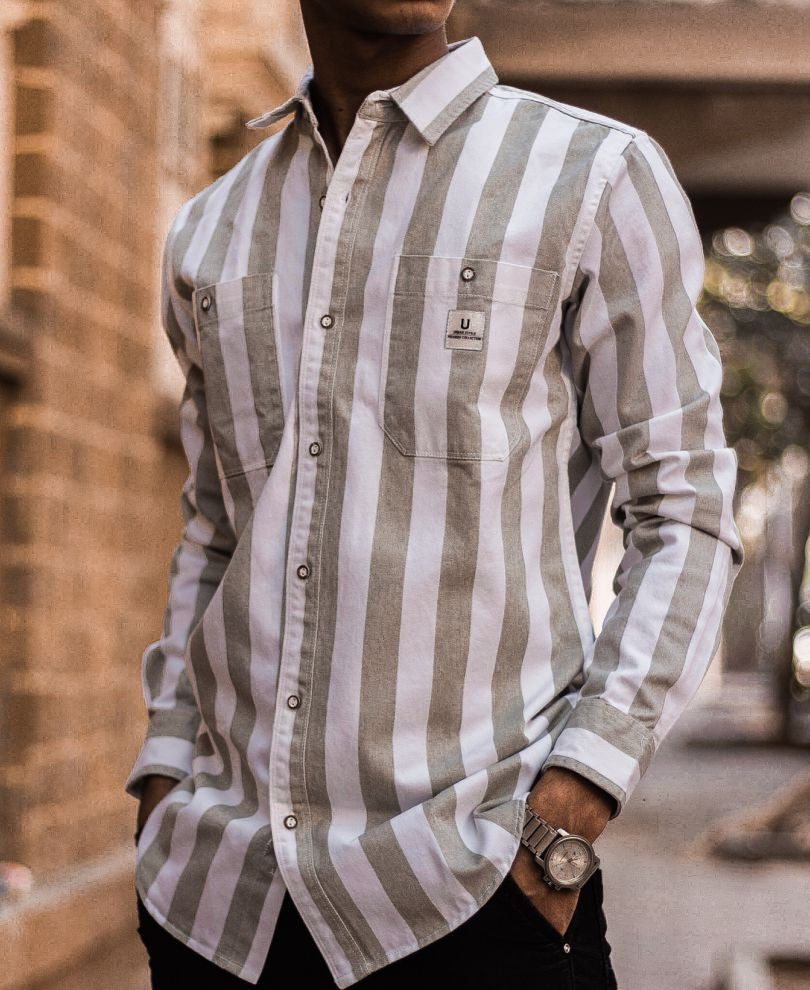 Light Green and White Stripe Denim Full Sleeves Shirt