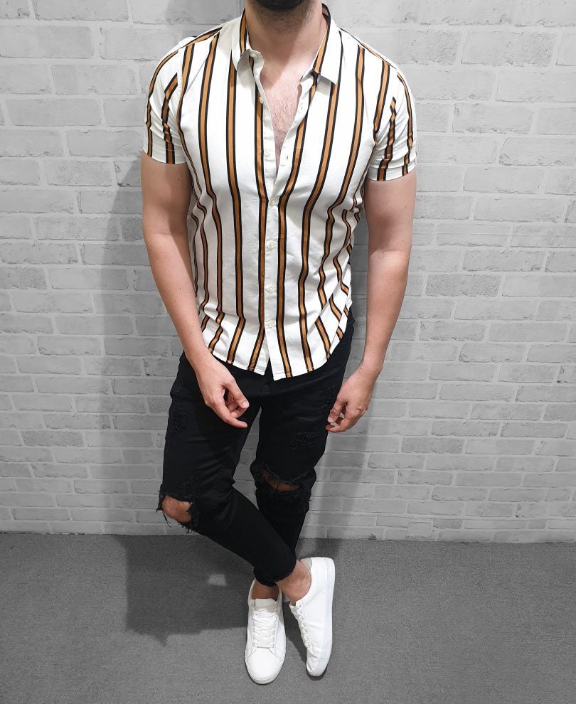 Mustard and White Stripe Half Sleeves Shirt