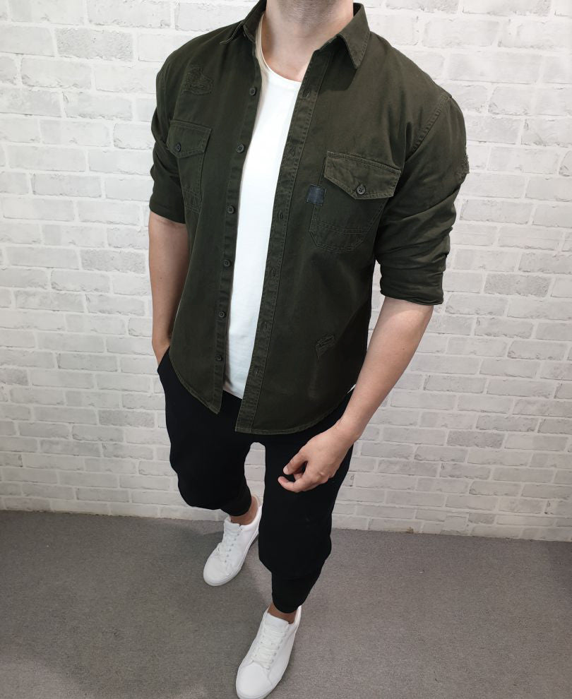 Urban Olive Green Ripped Denim Casual Shirt