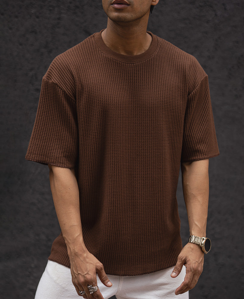 Brown Structured Oversized Half Sleeves T Shirt