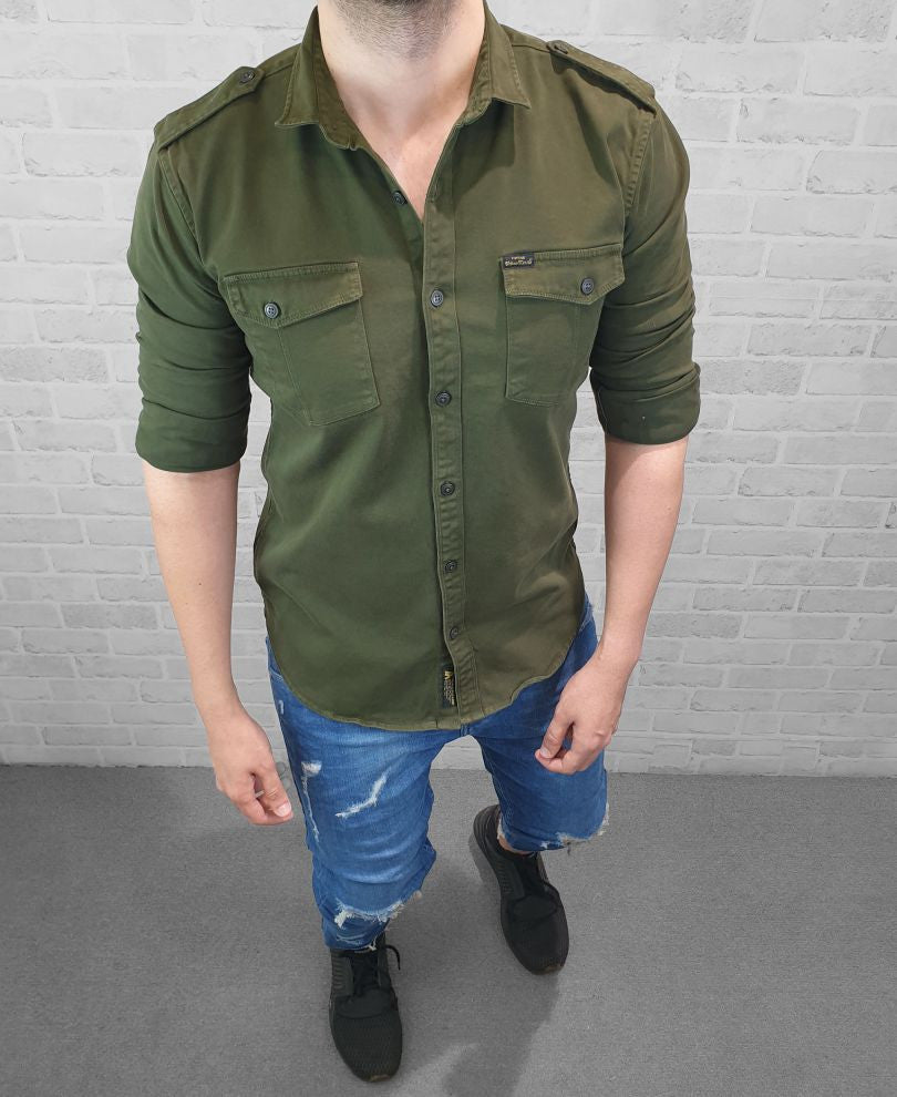 Olive Green Plain Denim Shirt