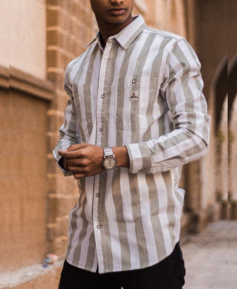 Light Green and White Stripe Denim Full Sleeves Shirt