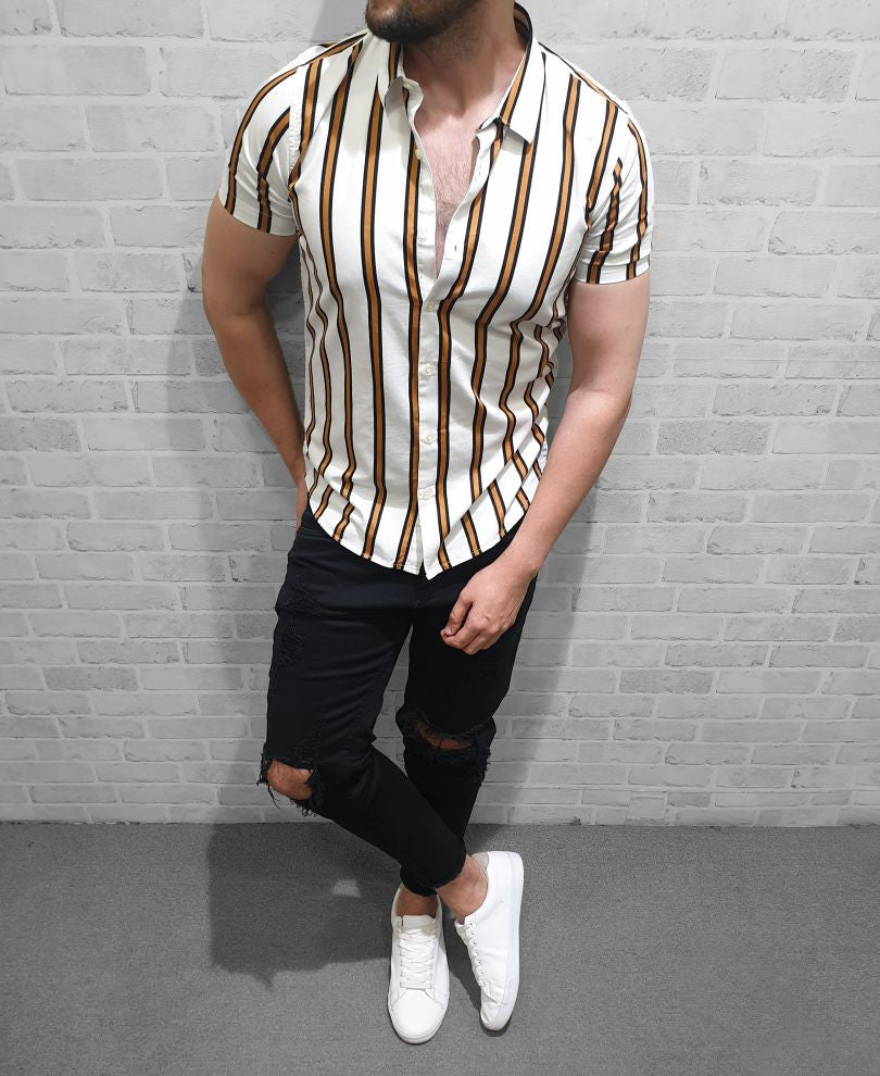Mustard and White Stripe Half Sleeves Shirt