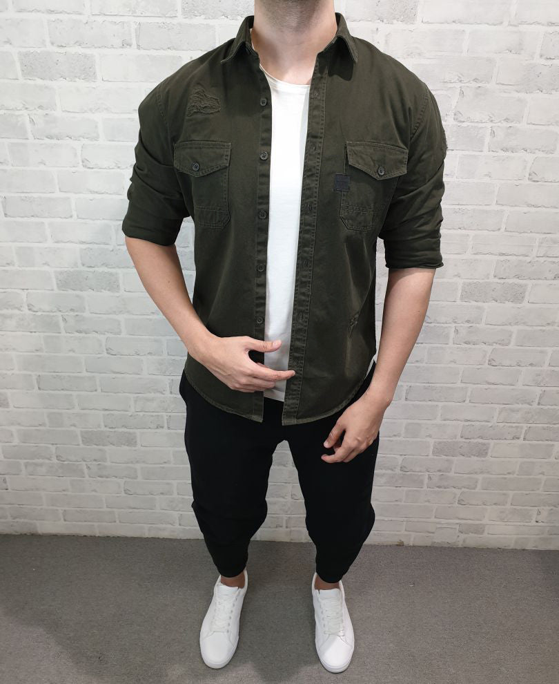 Urban Olive Green Ripped Denim Casual Shirt