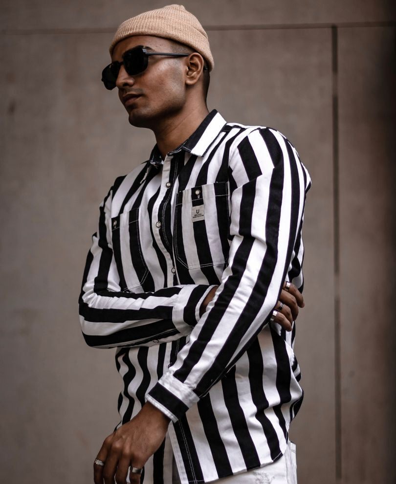 Black and White Stripe Denim Full Sleeves Shirt