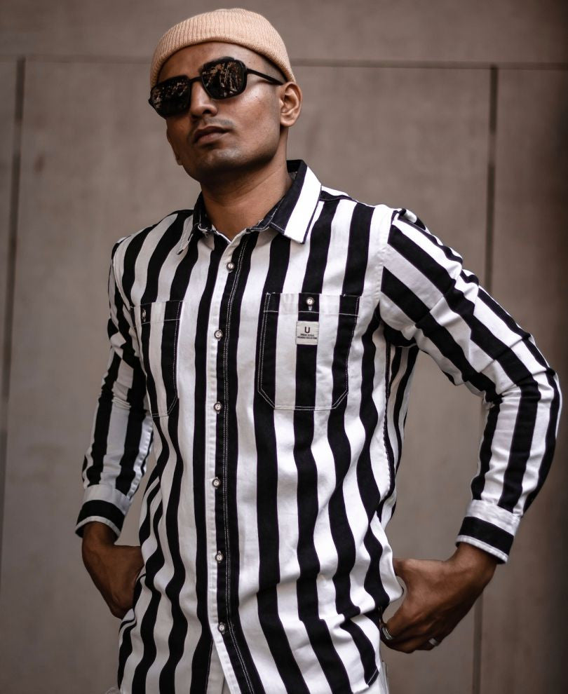 Black and White Stripe Denim Full Sleeves Shirt