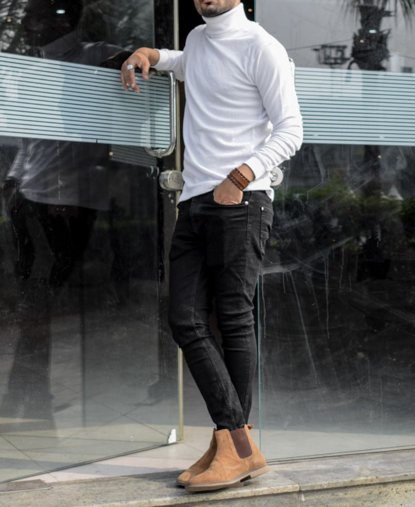 White Polo Neck Full Sleeves T Shirt