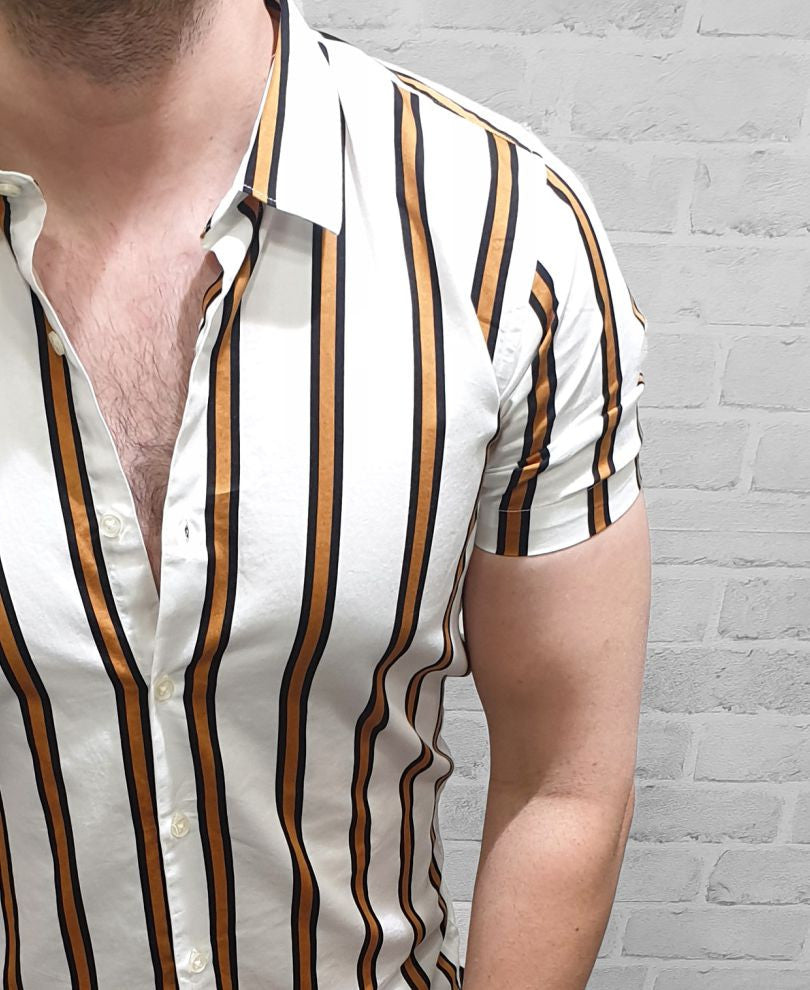 Mustard and White Stripe Half Sleeves Shirt