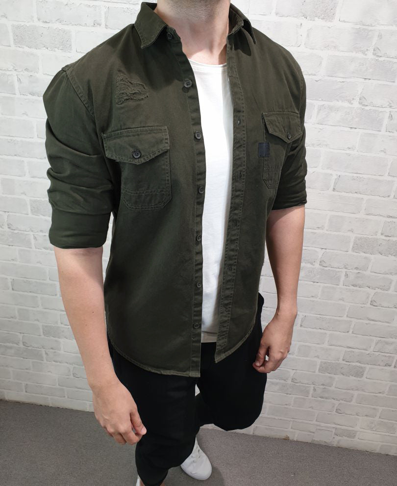 Urban Olive Green Ripped Denim Casual Shirt