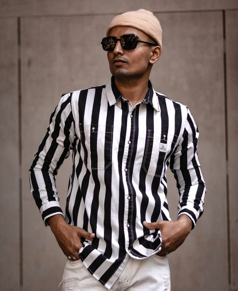 Black and White Stripe Denim Full Sleeves Shirt