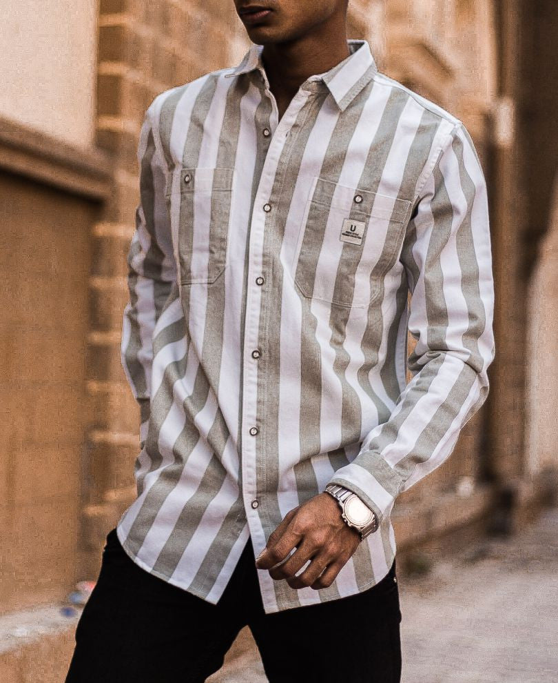 Light Green and White Stripe Denim Full Sleeves Shirt
