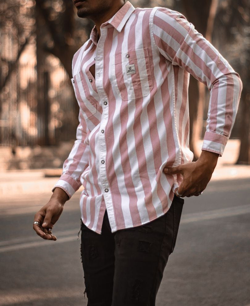 Pink and White Stripe Denim Full Sleeves Shirt