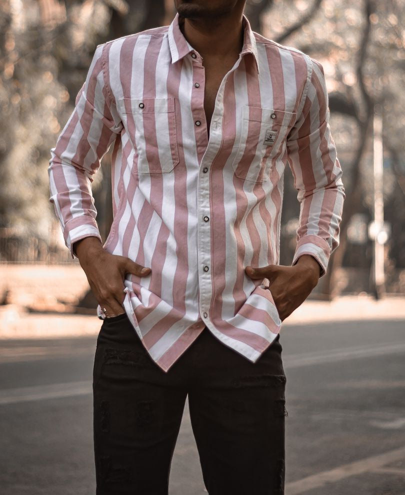 Pink and White Stripe Denim Full Sleeves Shirt