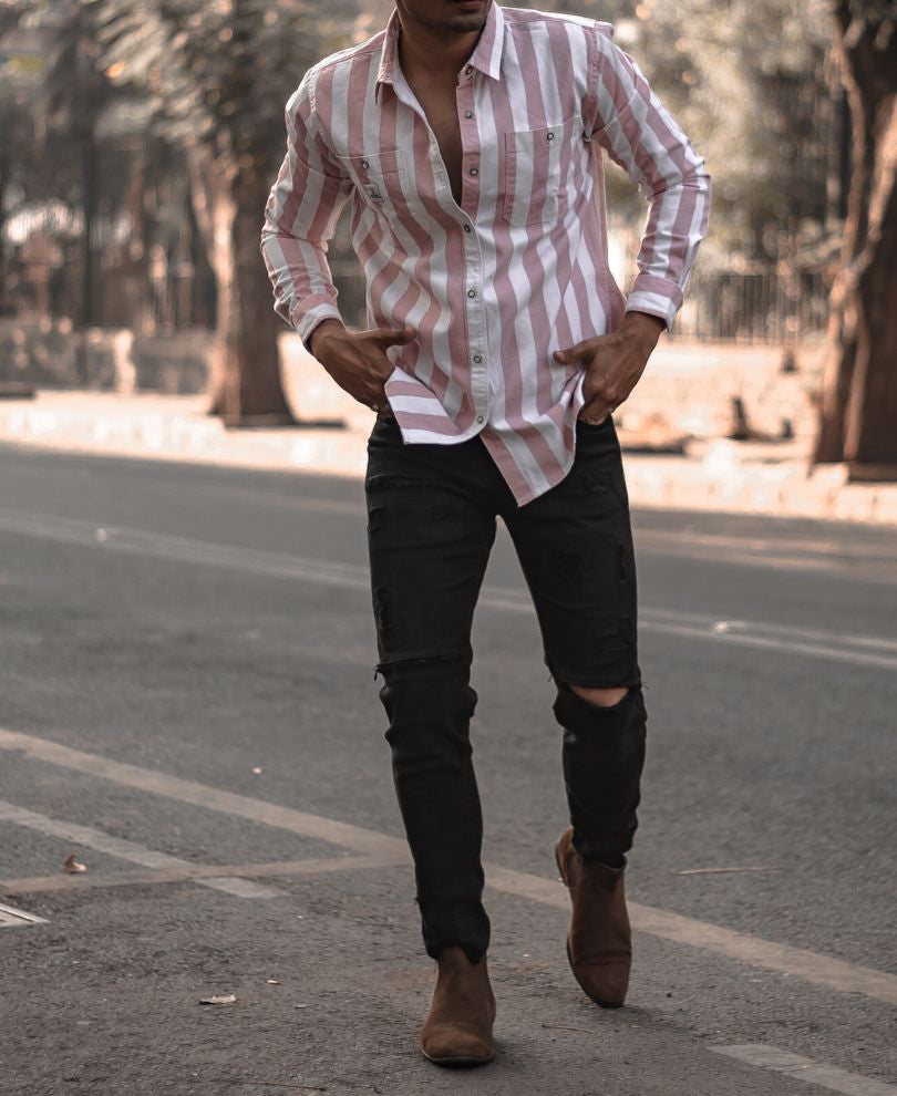 Pink and White Stripe Denim Full Sleeves Shirt