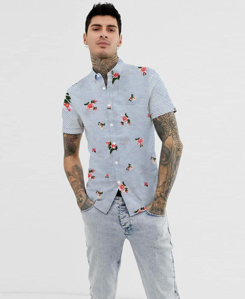 Sky Blue Stripe With Floral Print Half Sleeves Shirt
