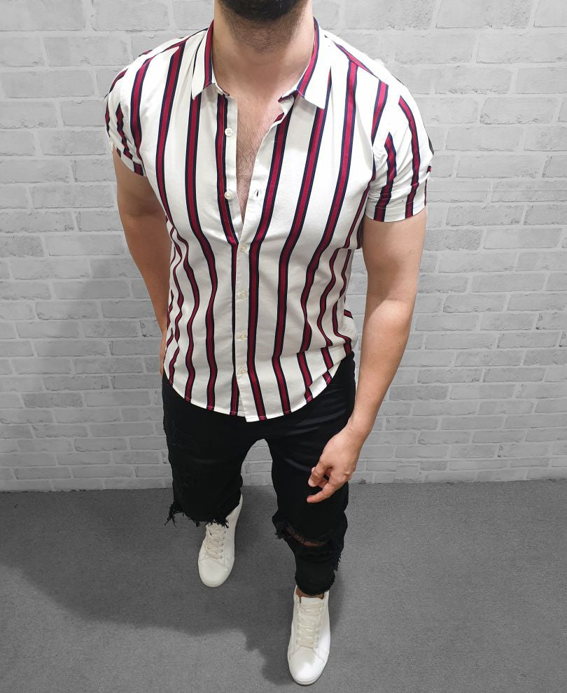 Red and White Stripe Half Sleeves Shirt