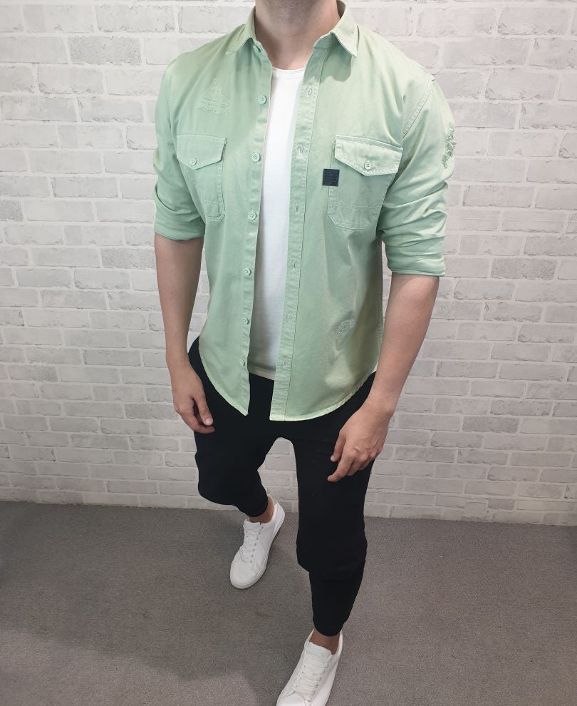 Urban Pista Green Ripped Denim Casual Shirt