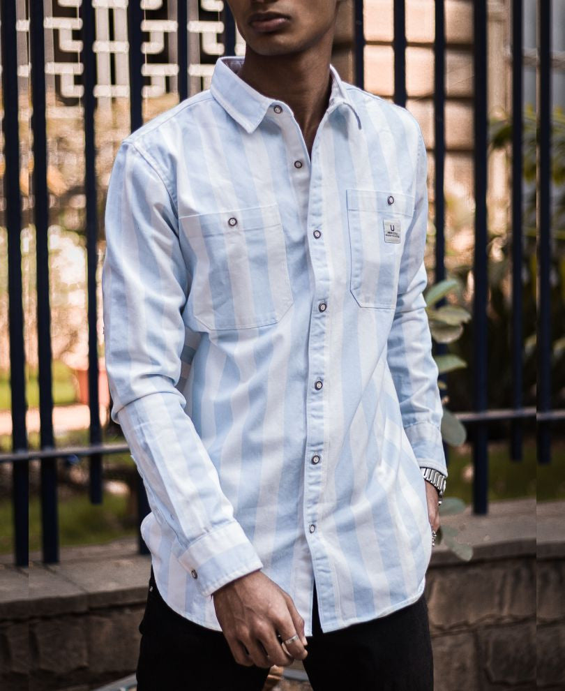 Sky Blue and White Stripe Denim Full Sleeves Shirt
