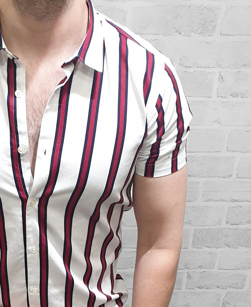 Red and White Stripe Half Sleeves Shirt