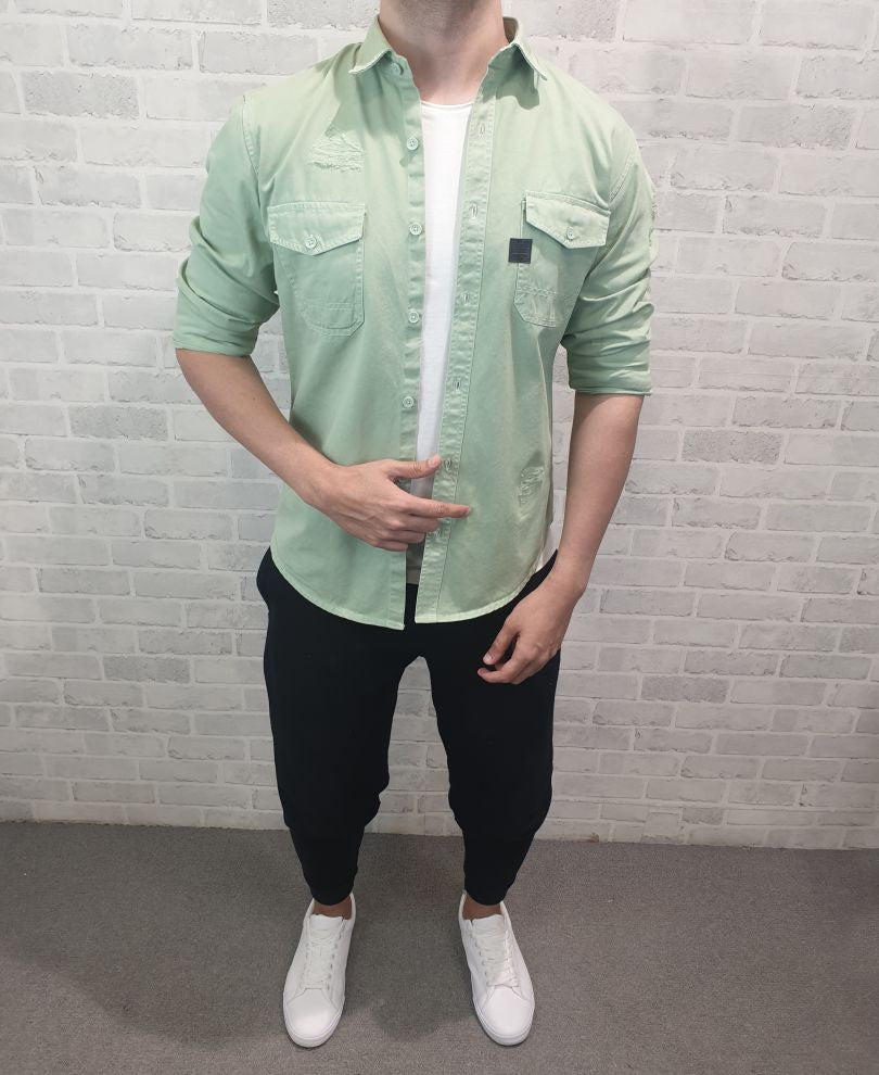 Urban Pista Green Ripped Denim Casual Shirt