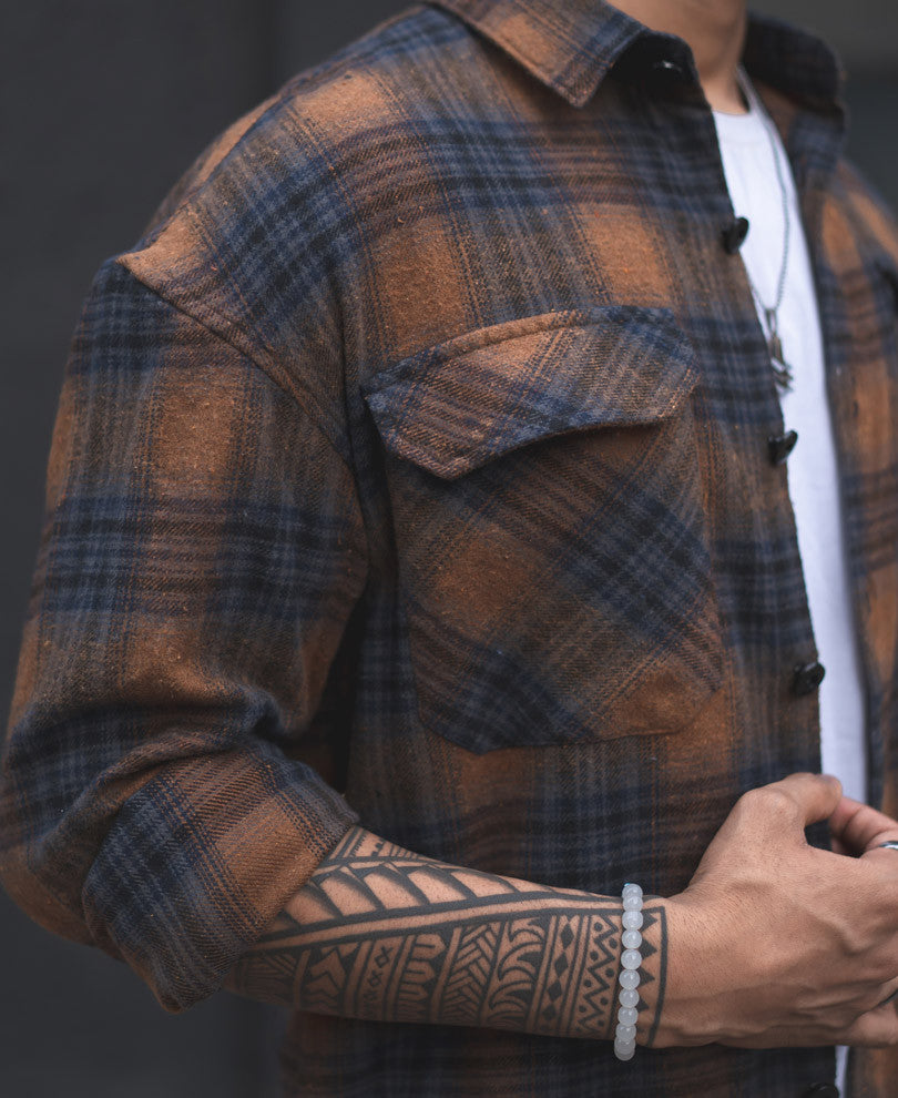 Brown Checks Shacket Oversize Drop Shoulder Shirt