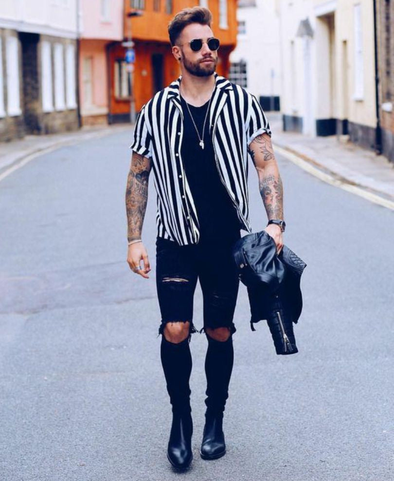 Black And White Stripes Print Half Sleeves Shirt