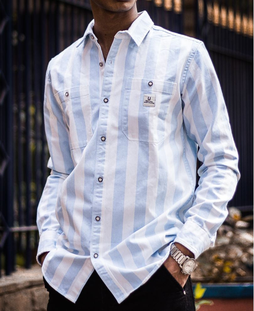 Sky Blue and White Stripe Denim Full Sleeves Shirt