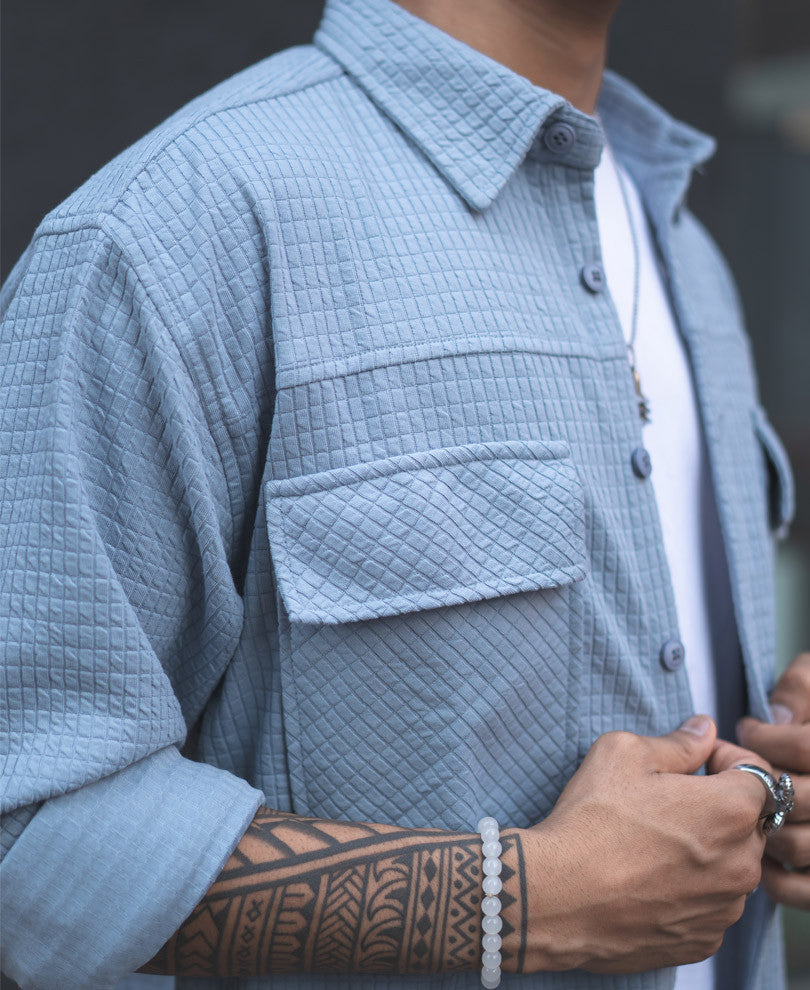 Sky Grey Structured Knit Shacket Oversized Shirt