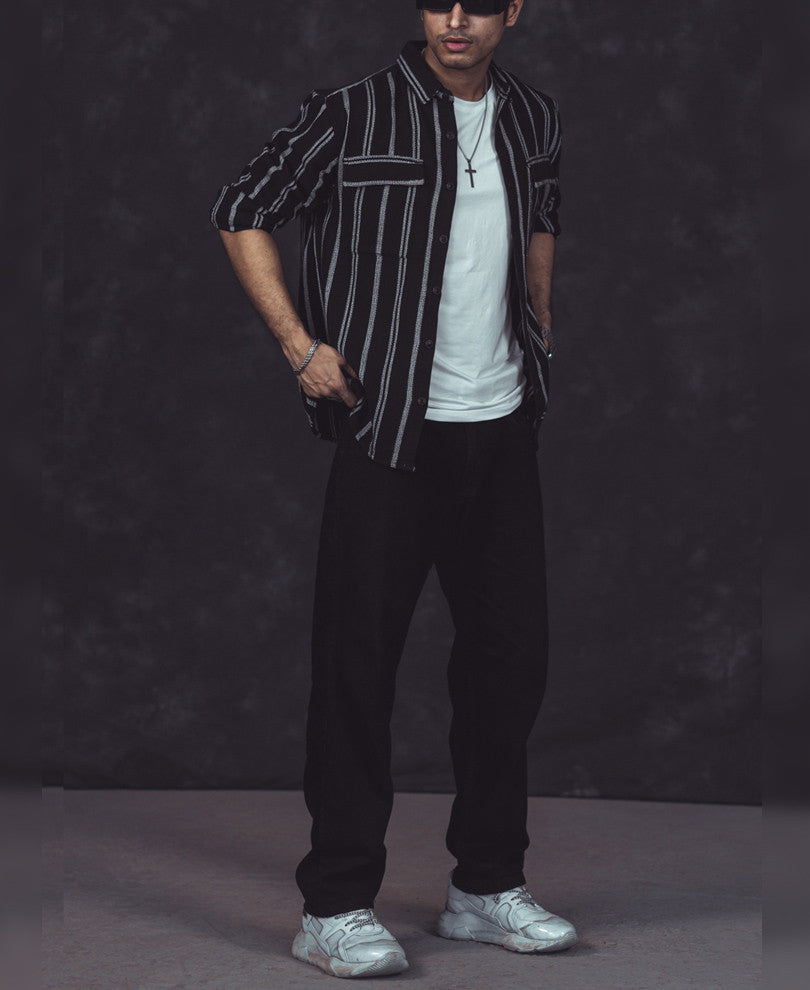 Black and White Vertical Striped Shacket Oversized Shirt