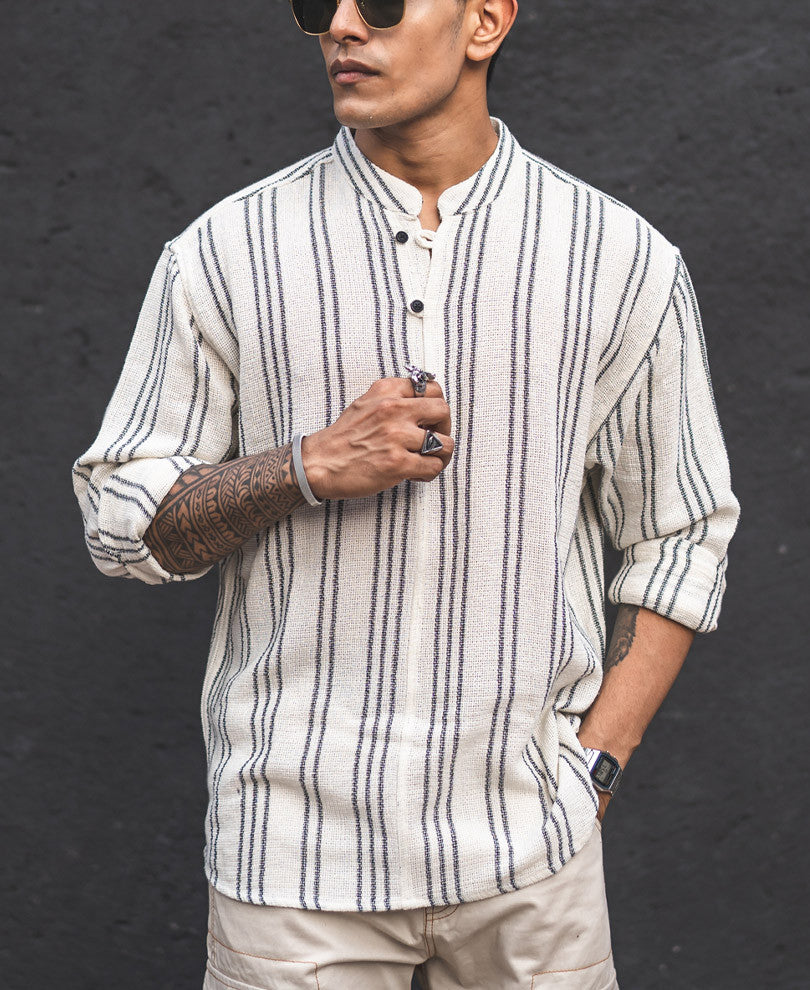 Cream and Black Structured Striped Kurta Style Oversized Shirt