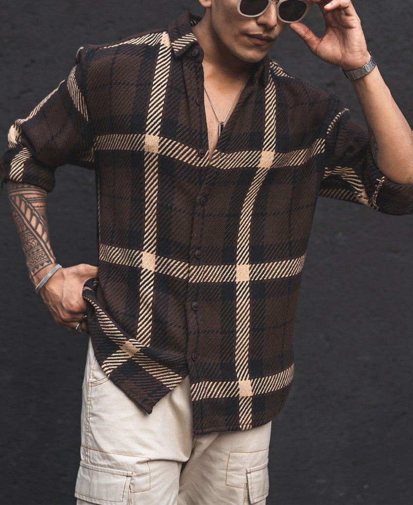 Dark Brown and Beige Flannel Checks Oversized Shirt