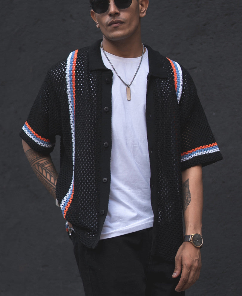 Black Crochet Knit Striped Oversized Shirt