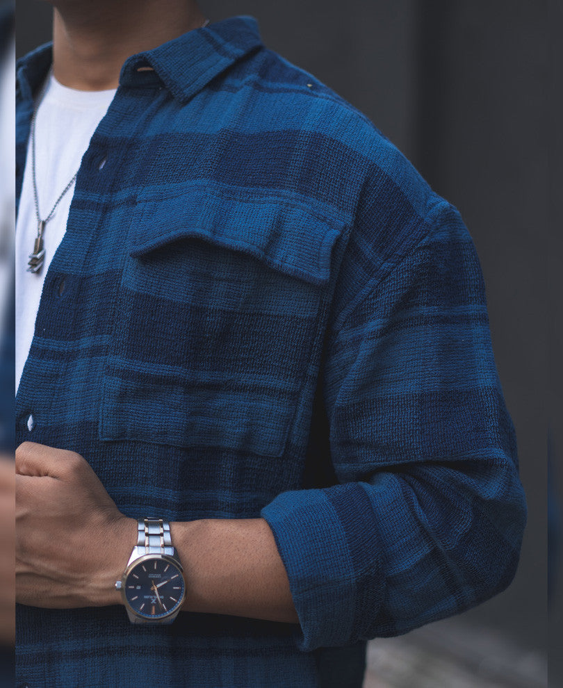 Blue Structured Checks Shacket Oversized Shirt