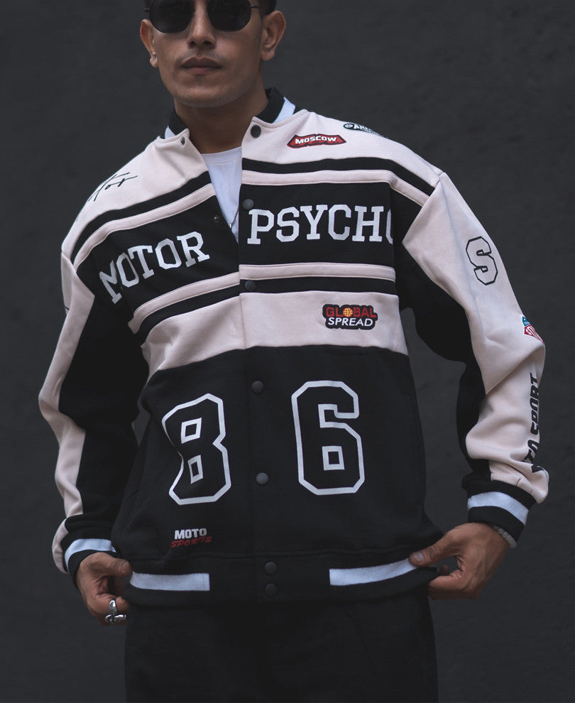 Beige and Black Motor Psycho Oversized Varsity Jacket